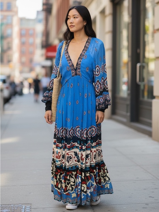 FARM Rio Dresses & Skirts - FARM Rio Blue Printed V‑Neck Maxi Dress